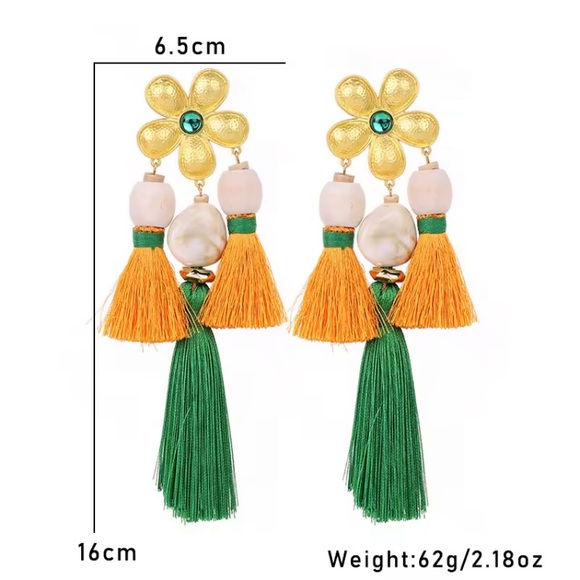 Large Orange and Green Floral Statement Tassel Earrings Long Chunky Big Summer - Picture 6 of 6